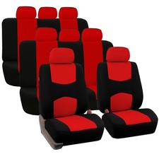 Red 3 Row Flat Cloth Car Seat Covers 2 Bucket Covers 2 Solid Bench Cover