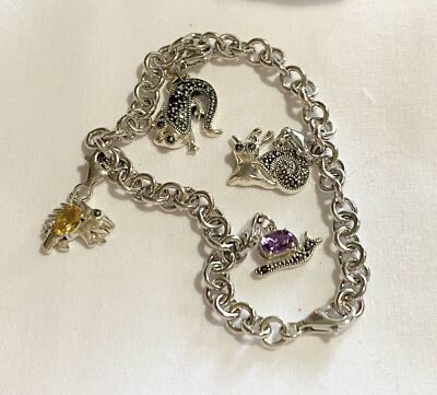 SS 925 Bracelet w/ Hedgehog, 2 Snails & Lizard Charms Citrine Amethyst Marcasite