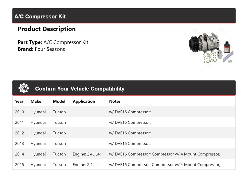 Kit de compresor de aire acondicionado para Hyundai Tucson 2010-2015 4 estaciones 2011 2012 2013 2014 Foto 2 de 4