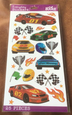 STICKO THEMED SCRAPBOOK STICKERS RACE CARS RACING FLAGS TROPHY 