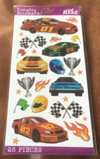 STICKO THEMED SCRAPBOOK STICKERS RACE CARS RACING FLAGS TROPHY *