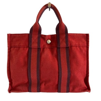Hermes Deauville PM Red Cotton Canvas Tote Bag Vintage France Unisex