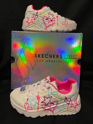 Girls Skechers LA St Uno Lite My Drip sneaker 11 12 13 3 neon graffiti print $60