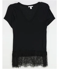 bar III Womens Lace Hem Embellished T-Shirt, Black, Medium