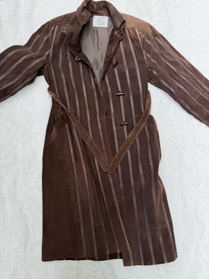 Vintage 1960s Saks Fifth Avenue Suede And Leather Striped Belted Trench Coat M/L