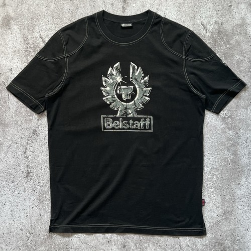 Belstaff, Vintage Belstaff Men's Black Distressed Logo T-Shirt Contrast Stitching