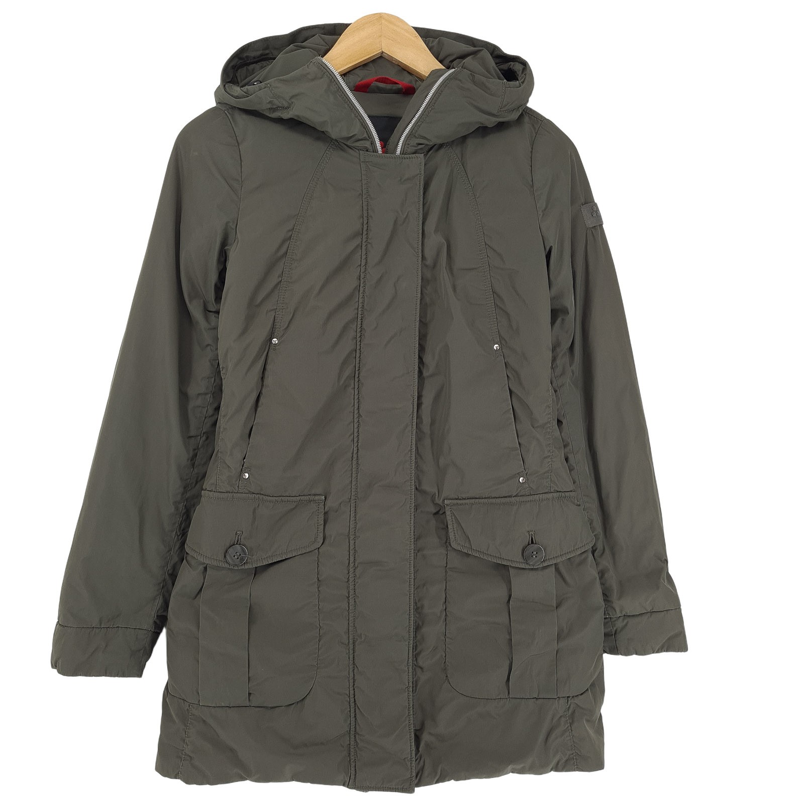 Peuterey Womens Longline Down Puffer Winter Parka Jacket Brown Hood Size 38
