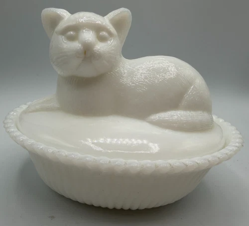 Vintage White Milk Glass Cat in a Basket Covered Dish