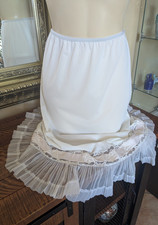 Vintage White Half Slip Silky Ruffled  hem pink satin ribbon and Lace Lingerie