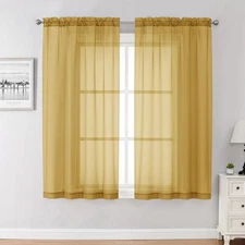 Gold Sheer Curtains 54 Inch Long 2 Panels Set, Short Voile Rod Pocket Drapes for