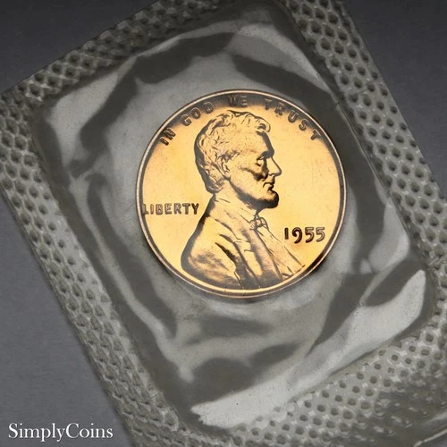 1955 Lincoln Wheat Cent Penny PROOF RED RD 1c Sealed Cello from Set