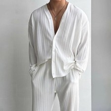 2pcs/set Men Loose V-neck Blouse Pants Set Long Sleeve Shirt Top Summer Button