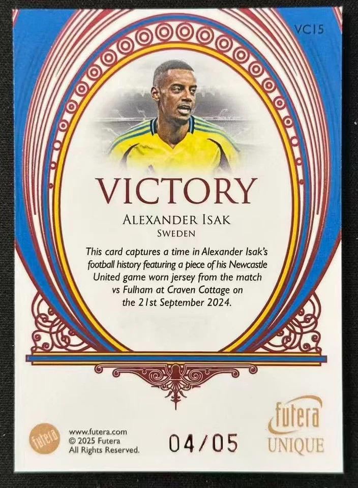 Alexander Isak 2025 Futera Unique 04/05 Patch Victory Game Used Memorabila #VC15 - Image 2 of 3
