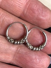 B1736 Sterling Silver 925 Hoop Earrings Artisan Scrollwork Bali design 16mm