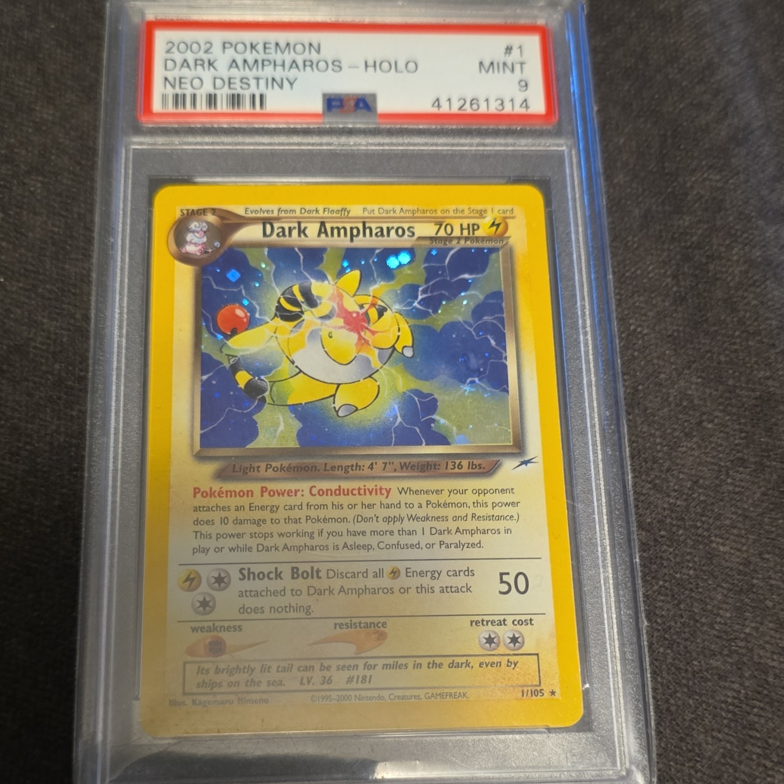 Pokémon Dark Ampharos 70 HP Holo Rare 1/105 Neo Destiny PSA 9 Unlimited Card