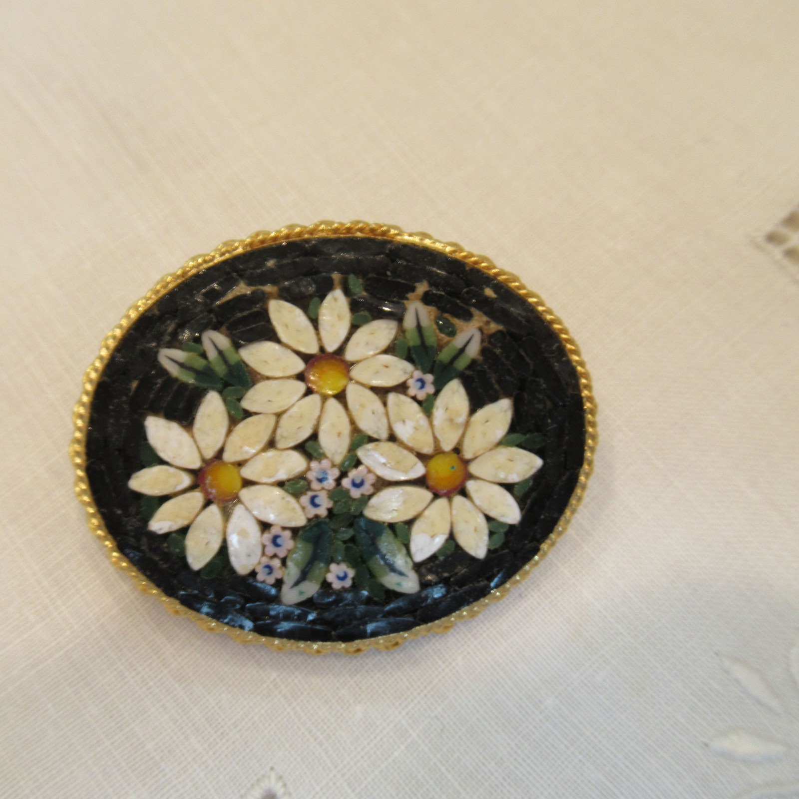 Vintage Micro Mosaic Brooch Pin  Round Daisy Flowers Black Background Italy