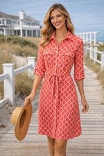 J McLaughlin Coral Pink White Shirt Dress XS Belted Preppy Summer Stretch Cotton
