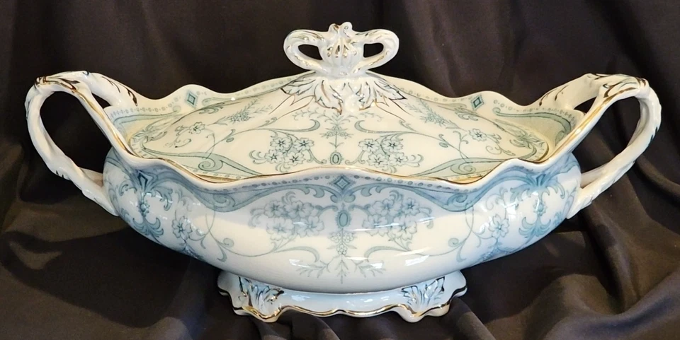 Antique 1910's Burgess & Leigh Sydenham Teal Transferware Serving Dish w/ Lid - Image 2 of 4