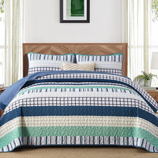 Striped Queen Size Quilt Set, Navy Blue Green Boho Bedspread Coverlet Set with 2