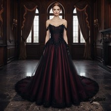 Black Burgundy Gothic Wedding Dress Floral Lace Appliques Vintage Bridal Gowns