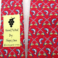 Vtg VINEYARD VINES Neck Tie 100 silk Shep  Ian Design FISH FISHING POLES Red