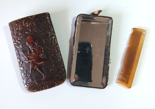 Antique 19th Century Embossed Leather Case w/ Moustache Comb & Mirror