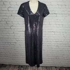 VTG Unbranded Union Made Black Sequin Short Sleeve Unlined Midi Dress USA 10