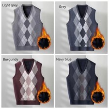 Men Thermal Knit Vest Sweater Argyle Thick V-Neck Pullover Jumper Knitwear