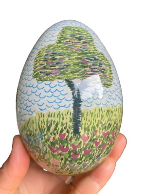 Vtg Hand Blown Art Glass Easter Egg Reverse Hand Painted Flower Meadow Trees 5 T