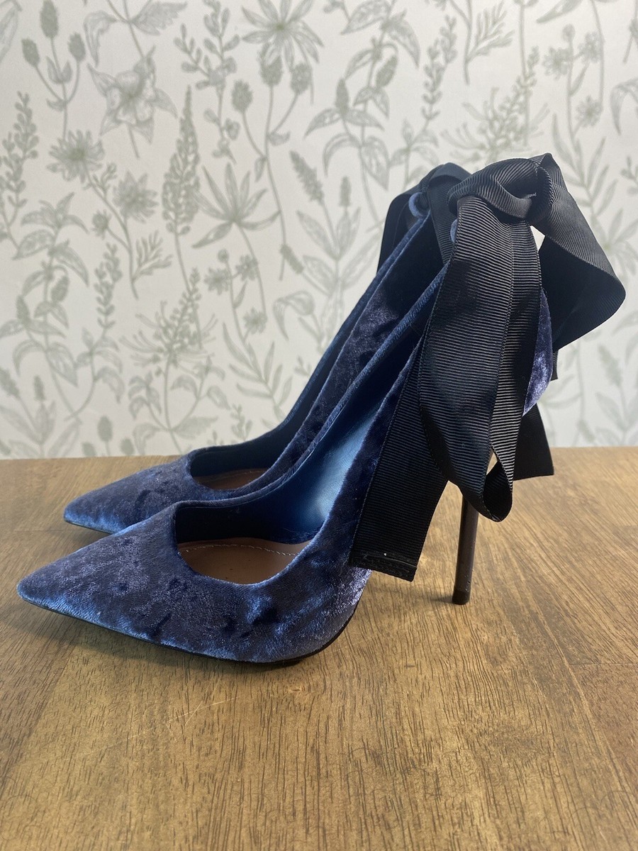 Zara Navy Blue Velvet Stiletto High Heel Shoes Ballet Pumps Size 36