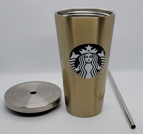 Starbucks Stainless Steel Tumbler Straw Cold Cup Mermaid 16 oz 2014 L Gold - Picture 5 of 13