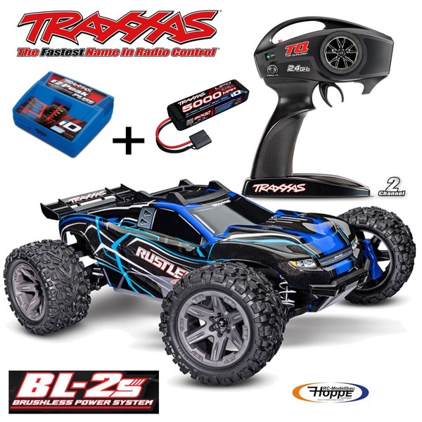 Traxxas # TRX67164-4BLUE Rustler 4X4 Blau 1/10 Stadium-Truck + 4A Lader + Akku-image