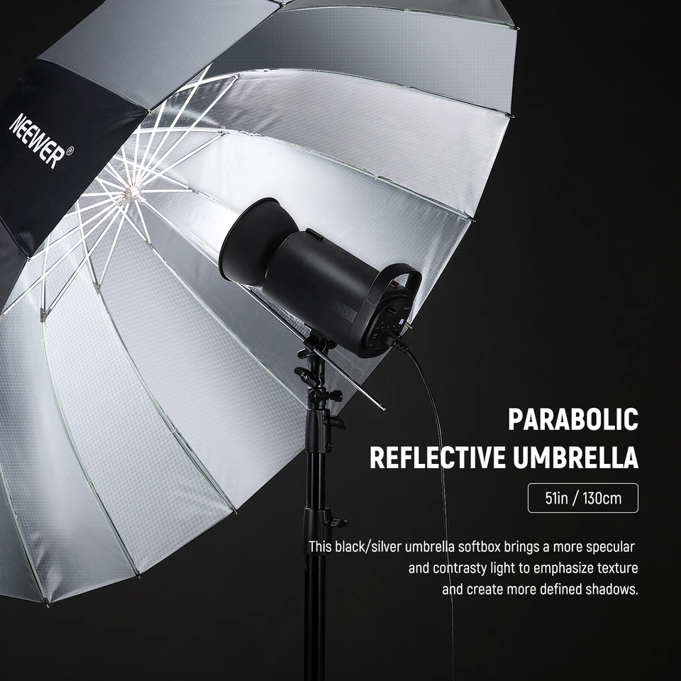 NEEWER 51"/130cm Parabolic Reflective Umbrella Photography with Silver Inner - Image 2 of 4