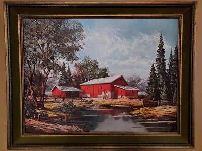 Vintage Framed Red Barn Print Signed Hunter 27.5 in.×21.5 in.