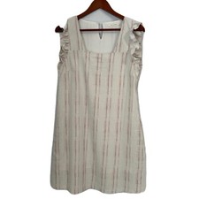 Ellison Sundress Women M Ivory Multi Stripe Ruffle Linen Pockets Casual Comfy