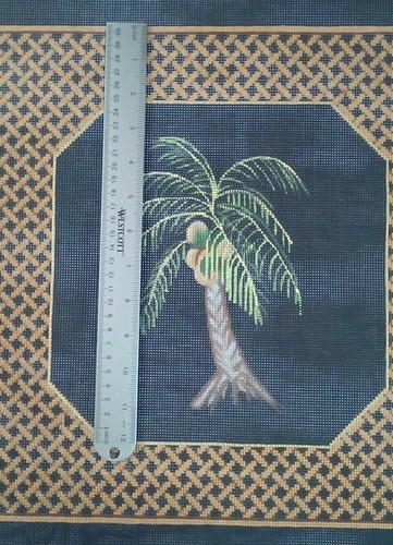 Needlepoint HP handpainted canvas COCONUT TREE Lattice pillow 13 mesh 14"x14" - Picture 4 of 4