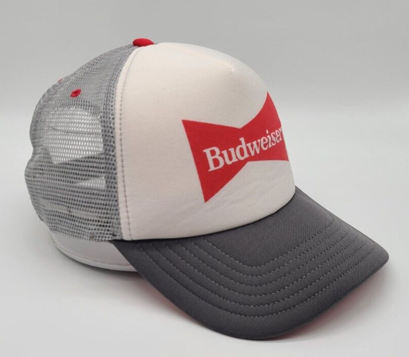 Budweiser Gray Mesh Trucker Cap Hat Snapback White Foam Front