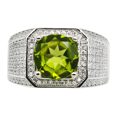 9mm Green Peridot 925 Silver Men Ring August Birthstone