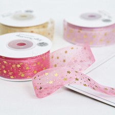 Star Sheer Organza Ribbon Printed Lots of Gold Star - 2cm 18M Reel