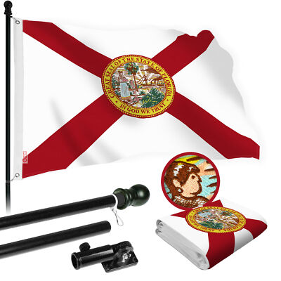NEW G128 Florida Flag & Flagpole, 6FT Black Pole + 3x5FT Embroidered Spun Poly