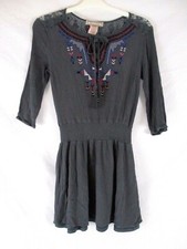 Flying Tomato Boho Peasant Dress Medium Gray Pull Over 3/4 Sleeve Womens CB36i