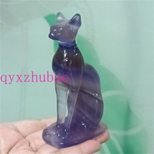 4" Natural Rainbow Fluorite Egyptian cat skull Quartz Crystal Skull Reiki 1PC