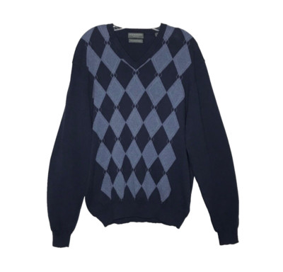 Lyle & Scott Scotland Mens V-Neck Sweater Large Argyle Combed Cotton Preppy Blue