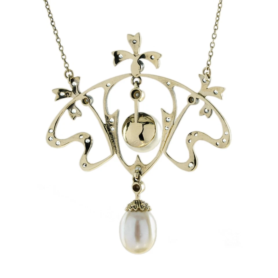 Collar Floral Estilo Eduardiano Perla Natural y Zafiro Blanco Oro Amarillo 9K Foto 3 de 4