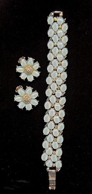 Kramer Bracelet & Clip Earrings Blue Cabochon Rhinestone Jewelry Set Vintage