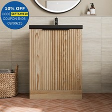 Fluted 600mm Wood Floorstanding Vanity Unit Black Basin Soft Close Doors