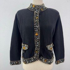 VTG Lisa Nichols Black Knit Jewels Cardigan Sweater Beaded Ramie Cotton Glams M