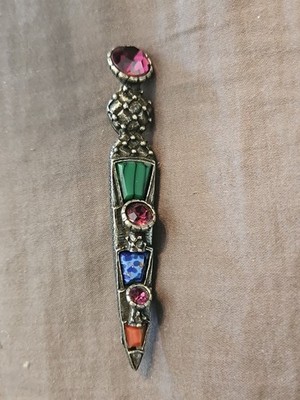 Vintage Miracle Brooch Celtic Pin Scottish Dirk Kilt Pin Green Agate Amber Glass