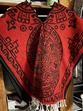 MEXICAN PONCHO , AZTECA , ONE SIZE , AZTEC WARRIOR , REDBLACK