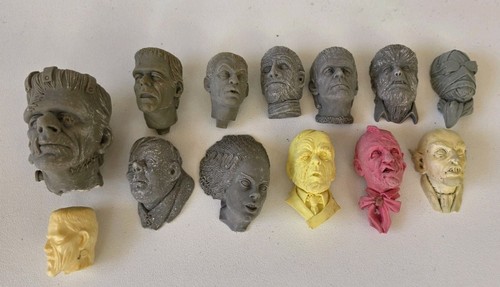 Vintage Horror Head Clay Sculptures Lot - Frankenstein, Dracula, Werewolf, Mummy
